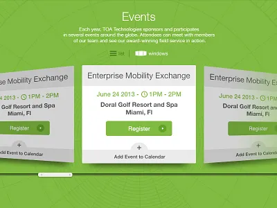 Event interface design event filters green interface navigation ui