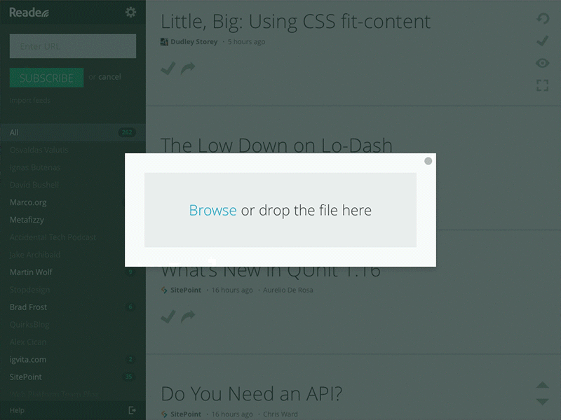 Feed import on Readerrr: error message animation drag error file import interaction reader readerrr rss ui upload web design