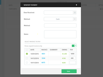 Add Payment Modal Window app flat form modal online payment table