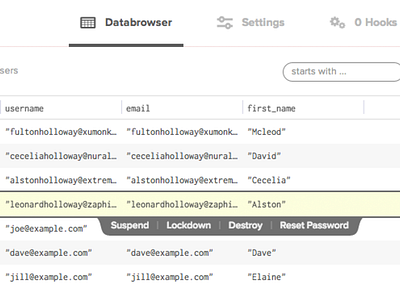 Row controls for Kinvey Databrowser admin backend as a service control data kinvey selection table ui web app