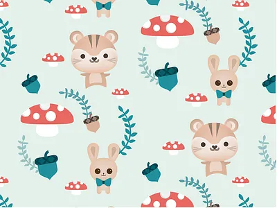 Forest Pattern acorn blue bow chipmunk fern forest mushroom pattern rabbit red