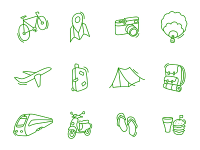 Travel Icon balloon bicycle burger camera icons map plane scooter suitcase tent train travel