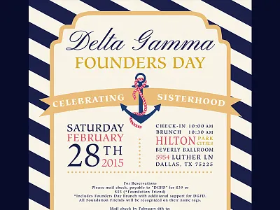 Delta Gamma Dallas Founders Day Invitation anchor blue card delta dg gamma invitation nautical pink ribbon stripes typography