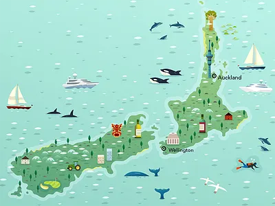 New Zealand Yachting Map diagram illustration infographic map new zealand ocean sea vector whales yachts
