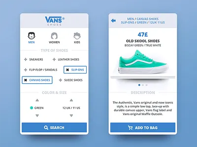 Vans® Shoes Concept iOS app blue clean concept filter flat ios mobile search ui ux white