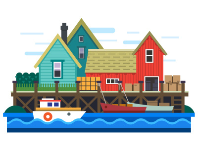 Sea port boat flat illustration port river sea ship