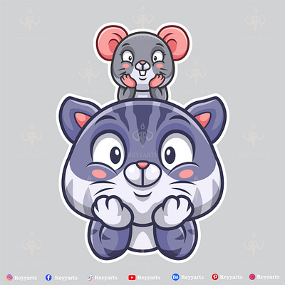 Cartoon mouse and cat are sitting on their hands animal artwork branding cartoon cat character cute design funny happy illustration mascot mockup mouse pet together tshirt vector