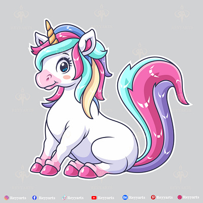 Cute unicorn cartoon isolated on white background adorable animal artwork beautifull branding cartoon cute design fantasy horses illustration mascot mythology reyyarts sitting unicorn vector vegasus