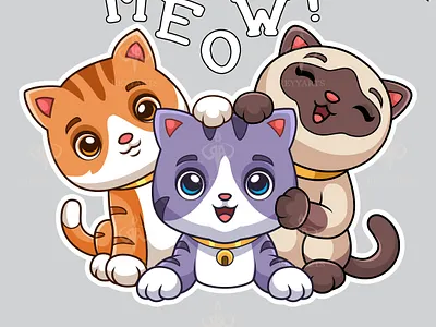 three cute cartoon kittens of different types playing together adorable animal artwork baby branding cartoon cat cute design family happy illustration mascot pet print tshirt vector