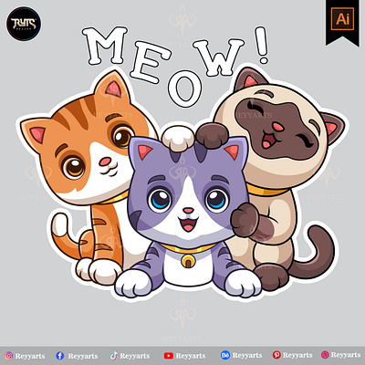 three cute cartoon kittens of different types playing together adorable animal artwork baby branding cartoon cat cute design family happy illustration mascot pet print tshirt vector