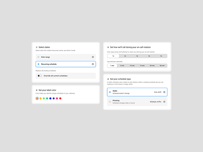 Schedule settings panel active add button colors configuration create design desktop elements flat new process radio saas segmented selected setup toggle ui ux