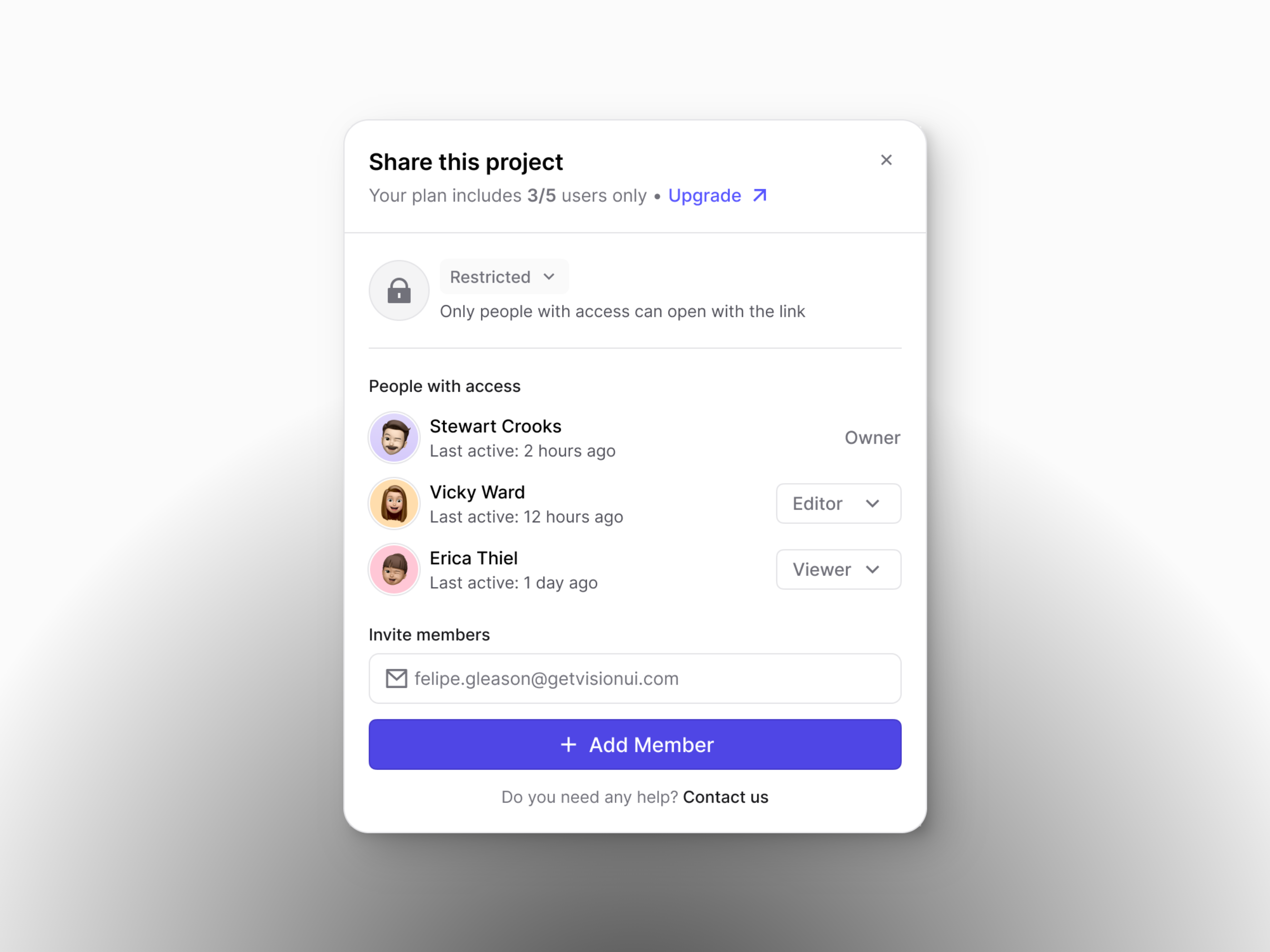 Share Modal Design • VisionUI add member design light mode modal saas saas component share share modal ui ui design uiux uiux design ux design