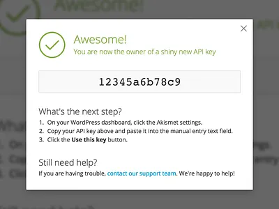 Success Modal akismet check instructions modal success