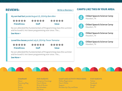 Page Detail camps flat design flat illustration flat ui footer illustrated footer illustration kids layout redesign ui ux