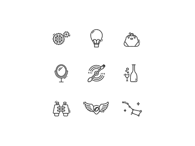 Icons bag balloon binocular bottle constellation gear icon mirror outline propeller wing