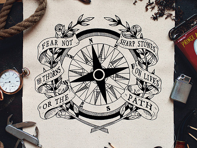 Fear Not The Thorns Or The Sharp Stones On Lifes Path banner canvas compass hand lettering lettering screen print typography wreath