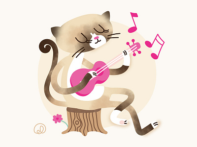 playing ukulele beige brown cat flower guitar kitty miko music pink ukulele