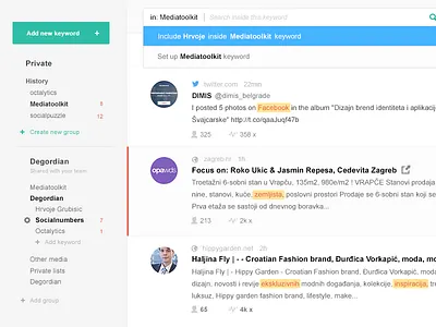 Mediatoolkit - preview app clean dashboard feed flat interface monitoring news sidebar statistics ui ux