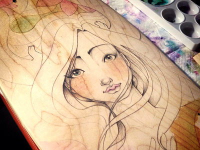 Hand drawn illustration on longboard face girl handmade longboard pencil sexy watercolor wood