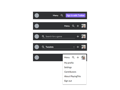 PlayingThis Menu Variations app clean dropdown header material menu nav navigation playingthis purple ui web