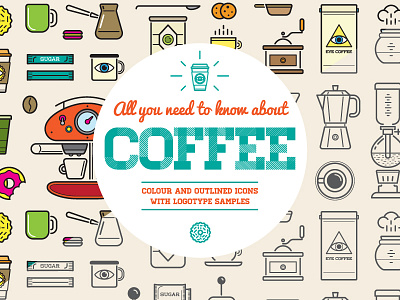 Set of Coffee Icons for Creative Market cafe coffee coffee machine color cup espresso flat icons latte minimal outlined set