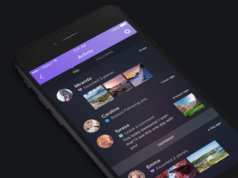 Activity screen - Night & Travel activity dark feed filter flat freebie gallery illustration ios sketch travel ui