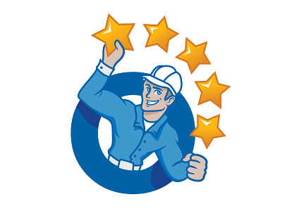 TradesmanNOW logo 5 stars blue handsome hardhat logo mascot stars tradesman tradie workman yellow