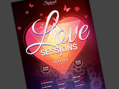 Love Sessions Flyer design flyer heart love poster print psd romantic template valentine valentine flyer valentines day