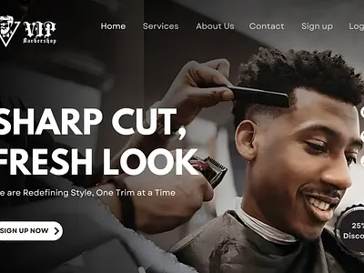 Landing page for VIP Barbershop branding graphic design logo ui
