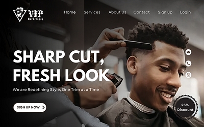 Landing page for VIP Barbershop branding graphic design logo ui