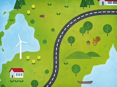 Little Acorns acorn canoe flower house illustration lake map road squirrel trees water windmill