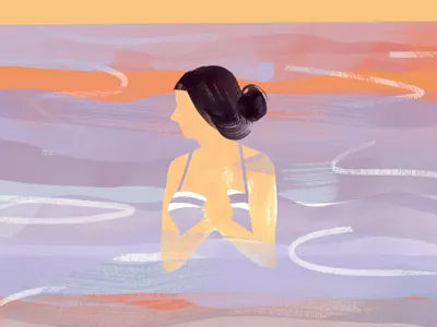 Woman on Beach #6 bathing suit bun hair illustration lake ocean reflection sunset swim water waves woman