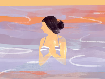 Woman on Beach #6 bathing suit bun hair illustration lake ocean reflection sunset swim water waves woman