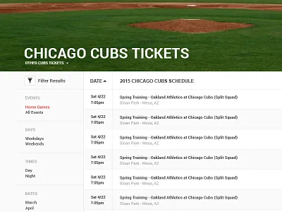 Event Page Concept baseball filters table tickets ui ux