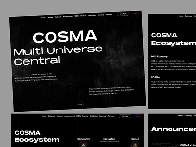 COSMA Homepage Design blockchain dark mode decentralized ecosystem design illustration interactive elements ip collaboration metaverse multi universe nft portfolio trackers ui ui design user experience user interface ux ux design uxui web ui web3