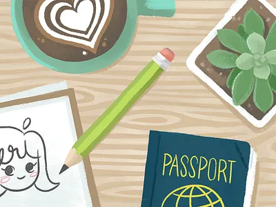 From the desk of… brushes coffee desk illustration painted passport plant sketchbook textured