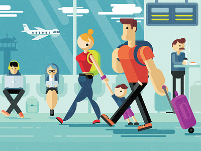 Travel Illustration airport fireart fireart studio flat illustration kid man plane sky women