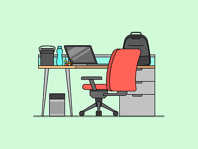 Work Desk bag bottle chair cube desk illustration laptop lunchbox rubiks work