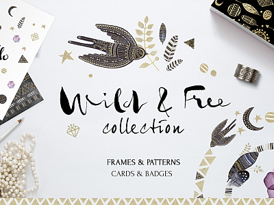 Wild & Free collection badges card clip art ethnic feather floral greeting card invitation nature notebook patterns watercolor