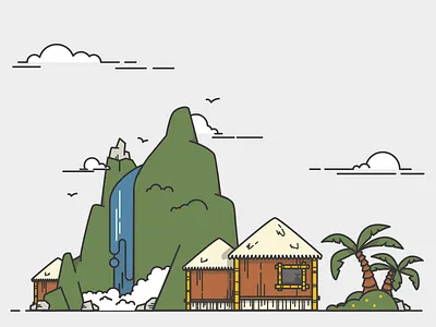 Vacation hut landscape palmtree tropic waterfall