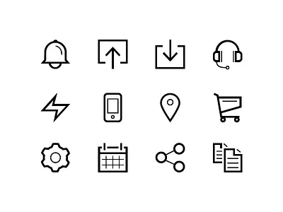 Icons bolt calendar cart copy download headphones icons mobile phone notifications pin settings upload