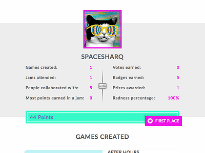 MADJAM Jammer Profile 80s data game jam gaming high saturation points profile progress bar rad statistics stats user