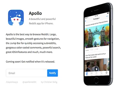 Apollo Coming Soon Page apollo app coming soon iphone landing launching notify page preview reddit subscribe website