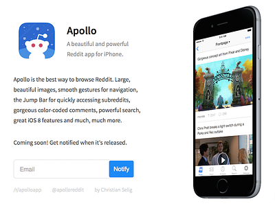 Apollo Coming Soon Page apollo app coming soon iphone landing launching notify page preview reddit subscribe website