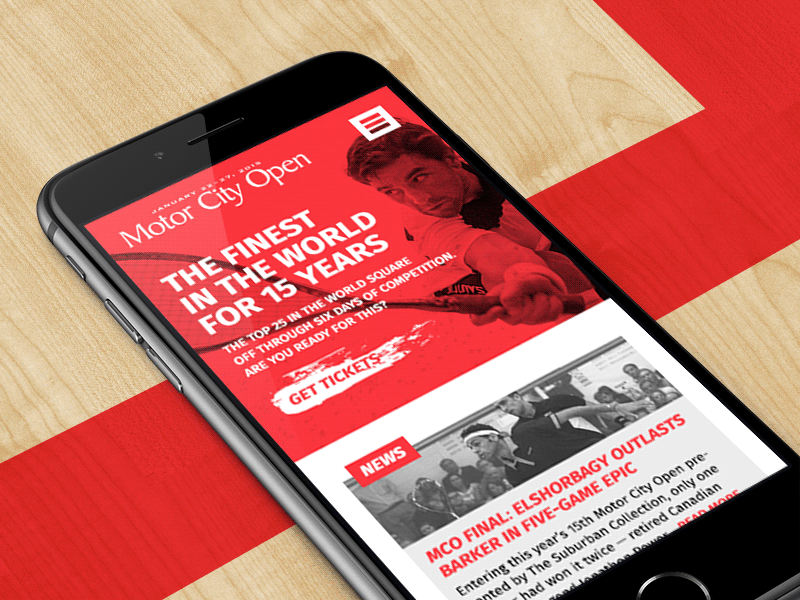 Motor City Open - Mobile bold court iphone menu mobile mockup motion red splatter squash supreme