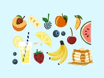 Breakfast/Fruit Illustrations banana blackberry blueberry breakfast fruit illustration lemonade mango pancake peach strawberry watermelon