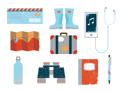 Travel Necessities binoculars headphones ipod map music notepad pen plane ticket rain boots suitcase travel water bottle