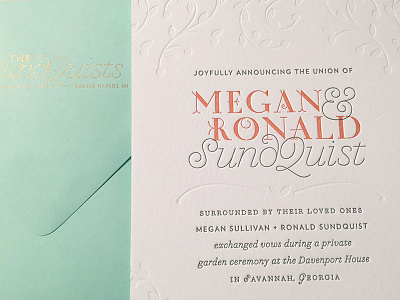 Wedding Announcements announcements design envelope gold illustration invite mint orange type vines wedding