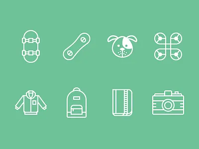 Tracking Device Icons backpack camera cute dog drone icon iconography illustration jacket notebook skateboard snowboard