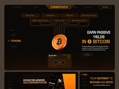 Landing page for Commentator trading app bitcoin platform bitcoin themed design bitcoin trading bitcoin wallet clean interface crypto crypto trading experience cryptocurrency platform design dark mode design digital wallet interface elegant typography trading hub design trading platform design ui ui design ui design for trading platform ui ux ux ux design